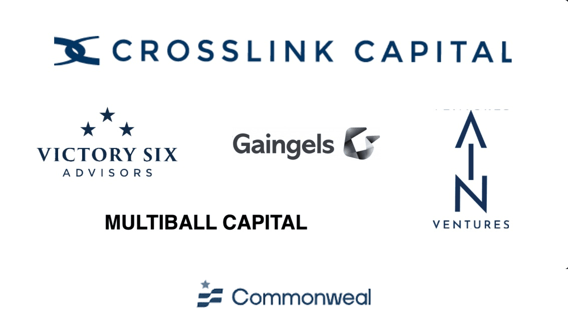 Investor logos: Crosslink Capital, Victory Six Advisors, Gaingels, N Ventures, Multiball Capital, and Commonweal.